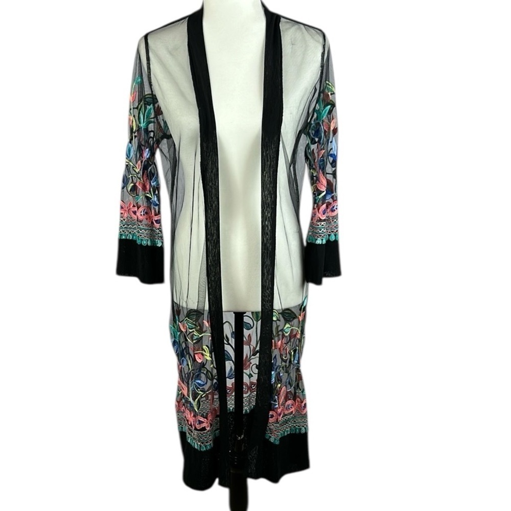 Sheer Black Floral Embroidered Long Cardigan
